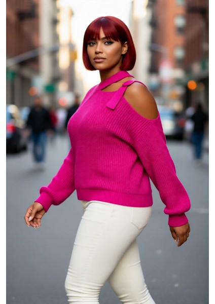 Kadın Rahat Kesim Düz Desenli Düşük Kol Triko Kazak Omuz Dekolteli Kışlık Gündelik Şıklık Kaliteli fırsatları