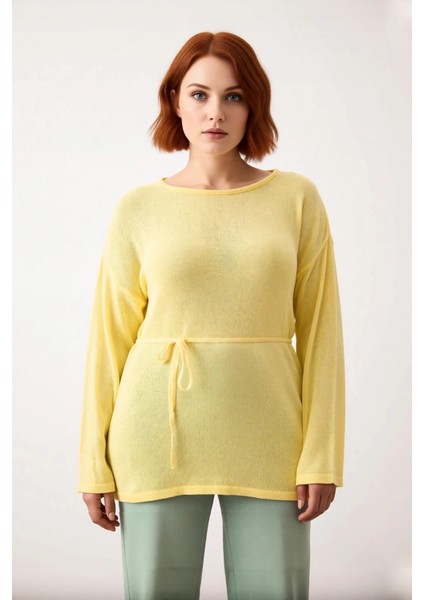 Kadın Uzun Kollu Kayık Yaka Triko Kazak Düz Desen Rahat Regular Kalıp Kuşaklı Şık Giyim Kaliteli fiyatları