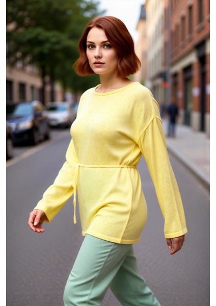 Kadın Uzun Kollu Kayık Yaka Triko Kazak Düz Desen Rahat Regular Kalıp Kuşaklı Şık Giyim Kaliteli fırsatları