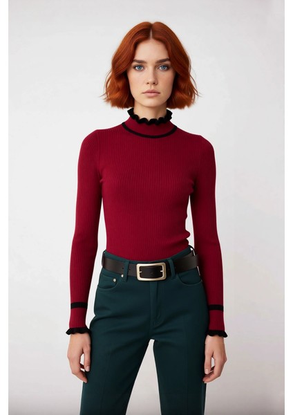 Kadın Triko Fitted Kalıp Dik Yaka Fitilli Renk Bloklu Uzun Kollu Kazak Günlük Tarzın Modern Hali