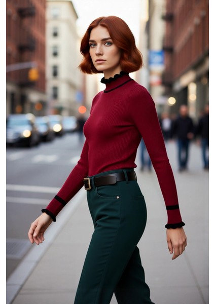 Kadın Triko Fitted Kalıp Dik Yaka Fitilli Renk Bloklu Uzun Kollu Kazak Günlük Tarzın Modern Hali modelleri