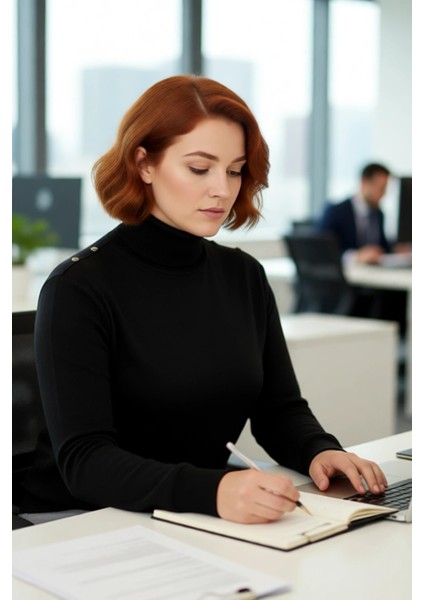 Kadın Balıkçı Yaka Triko Kazak Siyah Rengi Düğme Detaylı Regular Kesim Kış Sezonu Için Ideal