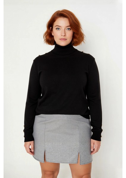 Kadın Balıkçı Yaka Triko Kazak Siyah Rengi Düğme Detaylı Regular Kesim Kış Sezonu Için Ideal fiyatları
