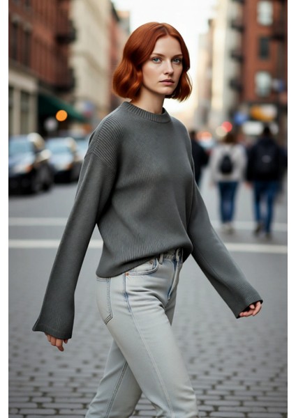 Kadın Oversize Akrilik Triko Kazak Geniş Ispanyol Kol Detaylı Bisiklet Yaka Günlük Konfor Kaliteli fırsatları