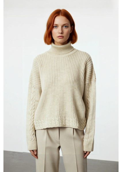 Kadın Oversize Balıkçı Yaka Triko Kazak Günlük Kullanım Için Şık Düşük Kol Saç Örgülü Basic fiyatları