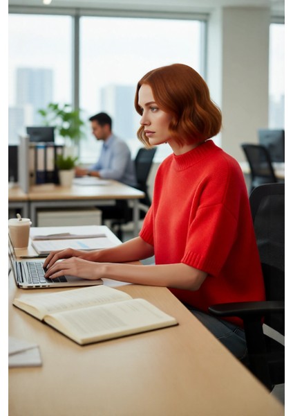 Kadın Oversize Kesim Dik Yaka Kalın Dokulu Triko Kazak Kısa Kollu Rahat Ilkbahar Sonbahar Giysisi