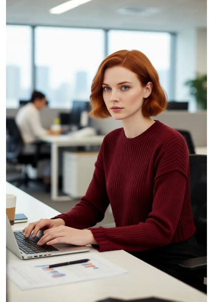 Modern Kadın Basic Oversize Crop Triko Kazak Fitilli Uzun Kollu Bisiklet Yaka Ilkbahar Sonbahar