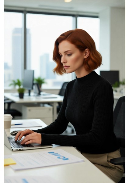 Kadın Uzun Kollu Dik Yaka Fitilli Triko Kazak Fitted Kesim Casual Giyim Için Ideal Basic Model