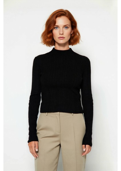 Kadın Uzun Kollu Dik Yaka Fitilli Triko Kazak Fitted Kesim Casual Giyim Için Ideal Basic Model fiyatları