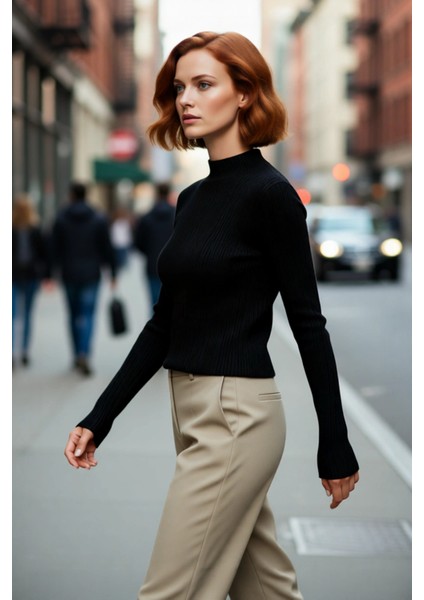 Kadın Uzun Kollu Dik Yaka Fitilli Triko Kazak Fitted Kesim Casual Giyim Için Ideal Basic Model fırsatları