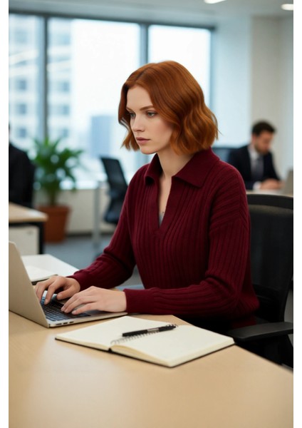 Modern Kadın Oversize Polo Yaka Triko Kazak Rahat Düşük Kol Fitilli Dokusuyla Kış Gardırobunuzun