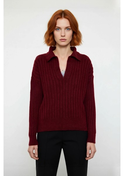 Modern Kadın Oversize Polo Yaka Triko Kazak Rahat Düşük Kol Fitilli Dokusuyla Kış Gardırobunuzun fiyatları