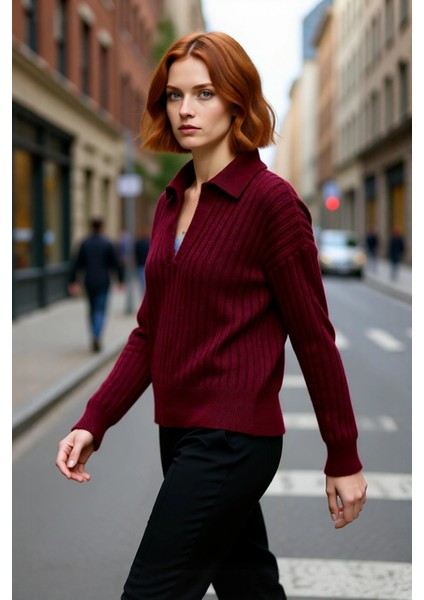 Modern Kadın Oversize Polo Yaka Triko Kazak Rahat Düşük Kol Fitilli Dokusuyla Kış Gardırobunuzun fırsatları