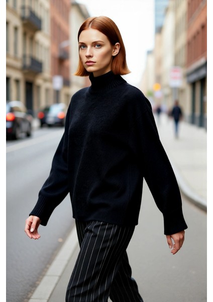 Kadın Oversize Dik Yaka Kışlık Triko Kazak Düz Düşük Kol Modern ve Şık Günlük Kombinler Için fırsatları