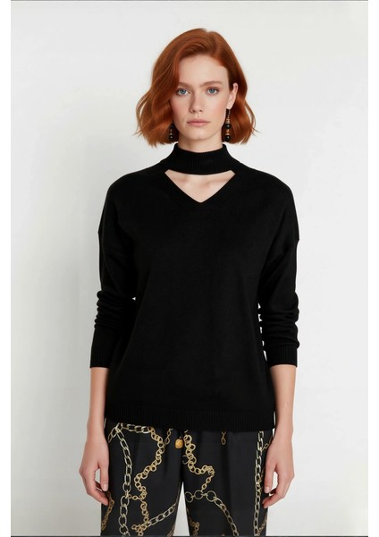 Kadın Basic Regular Kalıp Siyah Choker Yaka Akrilik Triko Kazak Günlük Tarzınızı Tamamlıyor fiyatları