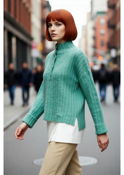 Kadın Casual Fitilli Triko Kazak Orta Kalınlık Dik Yaka Düşük Kol Rahat ve Trend Kış Stili fırsatları