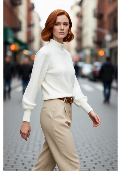 Kadın Dik Yaka Dokulu Balon Kol Regular Kalıp Akrilik Triko Kazak Günlük ve Rahat Kış Kombinleri fırsatları