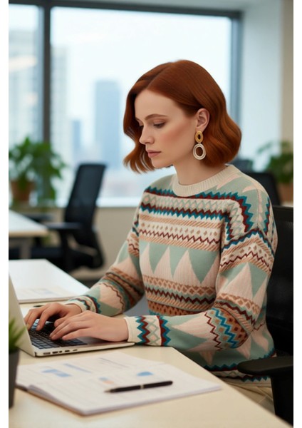 Kadınlara Özel Etnik Desenli Oversize Düşük Kol Bisiklet Yaka Triko Kazak Soğuk Havalara Uyumlu