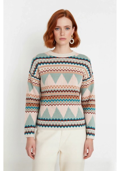 Kadınlara Özel Etnik Desenli Oversize Düşük Kol Bisiklet Yaka Triko Kazak Soğuk Havalara Uyumlu fiyatları