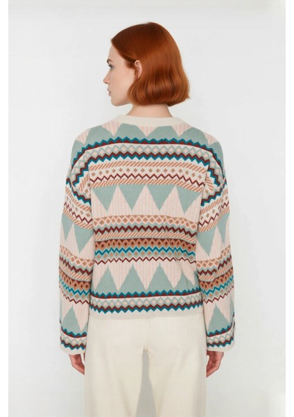 Kadınlara Özel Etnik Desenli Oversize Düşük Kol Bisiklet Yaka Triko Kazak Soğuk Havalara Uyumlu modelleri