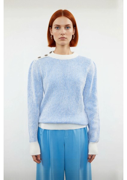 Kadın Mavi Beyaz Çizgili Selanik Dokulu Düğmeli Triko Kazak Kış Sonbahar Için Basic ve Konforlu