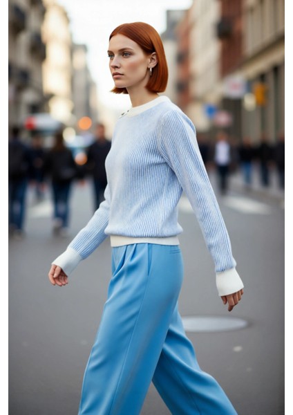 Kadın Mavi Beyaz Çizgili Selanik Dokulu Düğmeli Triko Kazak Kış Sonbahar Için Basic ve Konforlu modelleri