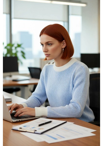 Kadın Mavi Beyaz Çizgili Selanik Dokulu Düğmeli Triko Kazak Kış Sonbahar Için Basic ve Konforlu fırsatları