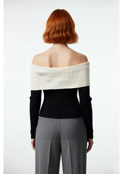 Kadın Vücudu Saran Fitilli Carmen Yaka Triko Bluz Basic Kesim Uzun Kol Şık ve Zarif Görünüm Sunar fiyatları