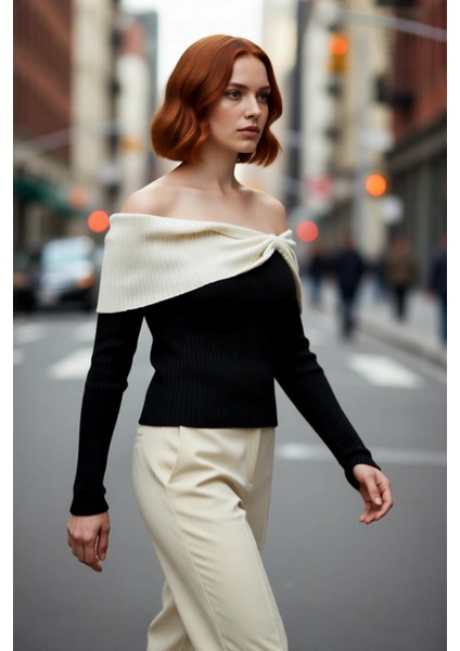 Kadın Vücudu Saran Fitilli Carmen Yaka Triko Bluz Basic Kesim Uzun Kol Şık ve Zarif Görünüm Sunar modelleri