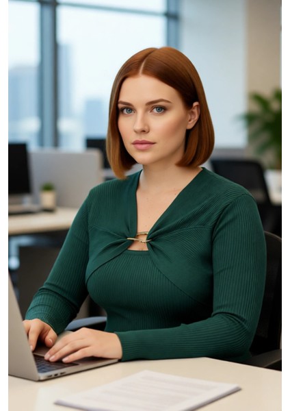 Kadın Şık Fitted Fitilli Triko Kazak Aksesuar Detaylı V Yaka Tasarımı Ile Modern Görünüm Kaliteli