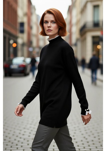 Kadın Feminine Persona Kışlık Regular Kalıp Düşük Kol Pike Dokuma Düz Desen Tunik Kazak Modeli fırsatları