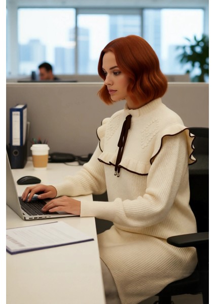 Kadın Dik Yaka Düşük Kollu Selanik Dokuma Biyeli Tunik Saç Örgü Detaylı Kışlık Kazak Kaliteli