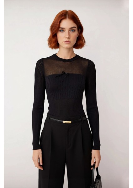 Kadın Özel Iplikli Merserize Görünümlü Transparan Ajurlu Bisiklet Yaka Triko Kazak Kaliteli fiyatları