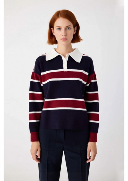 Kadın Casual Triko Polo Yaka Kazak Oversize Rahat Kalıbı ve Renk Bloklarıyla Sonbahar Kış Kaliteli fiyatları