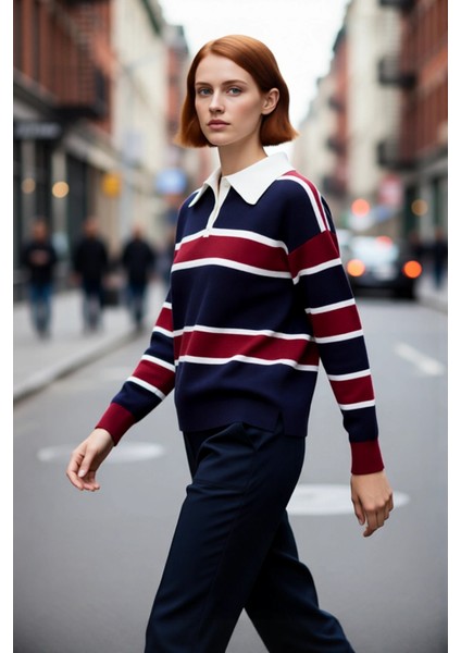 Kadın Casual Triko Polo Yaka Kazak Oversize Rahat Kalıbı ve Renk Bloklarıyla Sonbahar Kış Kaliteli fırsatları