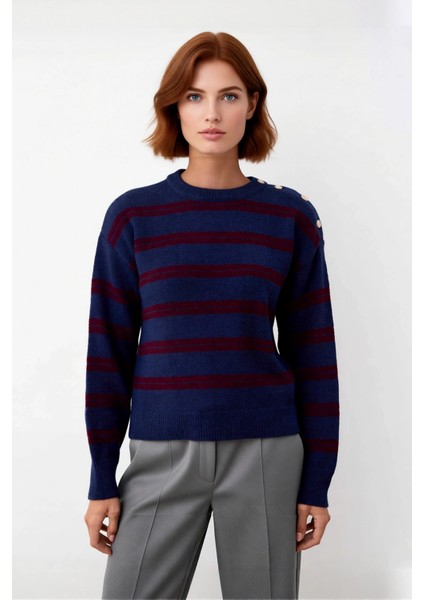 Kadın Düşük Kol Regular Kalıp Çizgili Bisiklet Yaka Omuz Düğme Detaylı Triko Kışlık Kazak Kaliteli fiyatları