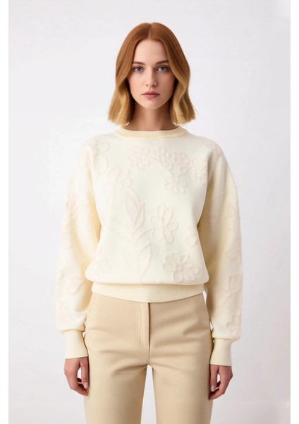 Kadın Ekru Desenli Düşük Kol Bisiklet Yaka Regular Kalıp Triko Kazak Soğuk Havalarda Konfor fiyatları