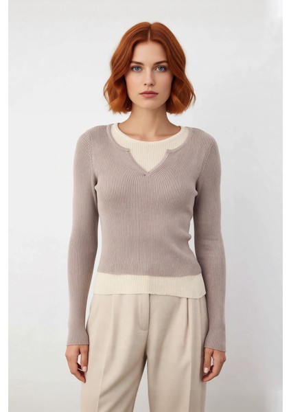 Şık Kadın Fitted Kesim Uzun Kollu Triko Kazak Renk Bloklu Basic Siluet Kış Sonbahar Kombinlerinin