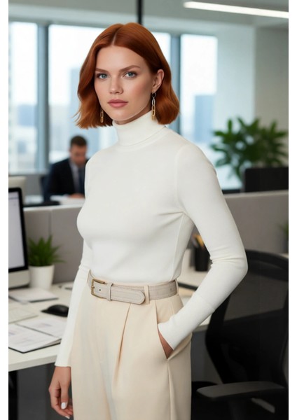 Kadın Ince Triko Balıkçı Yaka Fitted Kalıp Uzun Kollu Kazak Günlük Konfor Ilkbahar Sonbahar