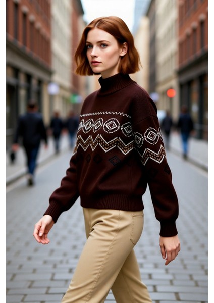 Kadın Kahverengi Pike Dokumalı Etnik Desenli Dik Yaka Triko Kazak Soğuk Günler Için Ideal Seçim modelleri