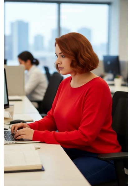 Kadın Büyük Beden Düz Desen Triko Kazak Rahat Kalıp Düşük Kol Bisiklet Yaka Kış Şıklığı Kaliteli