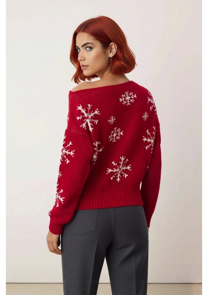 Kadın Geniş Kalıp Uzun Kollu Yılbaşı Temalı Kayık Yaka Kışlık Akrilik Triko Kazak Kaliteli fiyatları