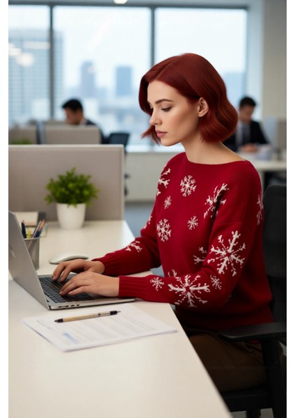 Kadın Geniş Kalıp Uzun Kollu Yılbaşı Temalı Kayık Yaka Kışlık Akrilik Triko Kazak Kaliteli fırsatları