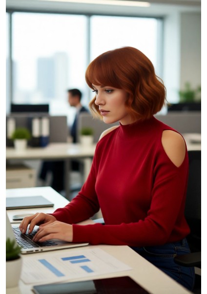 Kadın Rahat Relaxed Kalıp Dik Yaka Düşük Kollu Omzu Açık Detaylı Trend Akrilik Triko Kazak