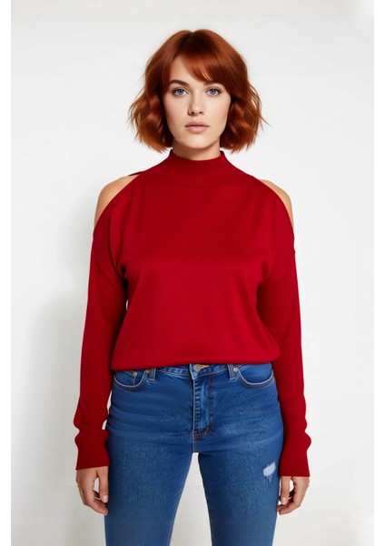 Kadın Rahat Relaxed Kalıp Dik Yaka Düşük Kollu Omzu Açık Detaylı Trend Akrilik Triko Kazak fiyatları