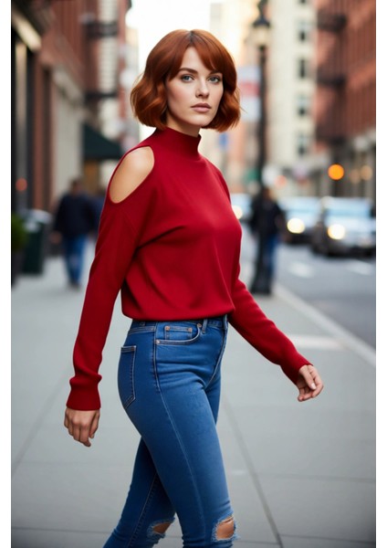 Kadın Rahat Relaxed Kalıp Dik Yaka Düşük Kollu Omzu Açık Detaylı Trend Akrilik Triko Kazak fırsatları