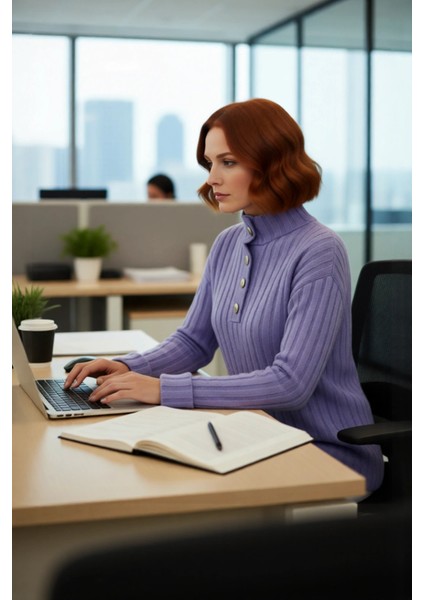 Kadın Ekru Rahat Kalıp Düz Desen Düğmeli Yaka Triko Kazak Sonbahar Kış Gardıropların Yıldızı