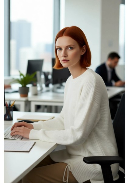 Kadın Uzun Kol Kışlık Ekru Selanik Örgü Triko Kazak Düşük Omuz Asimetrik Büzgü Detayı Kaliteli