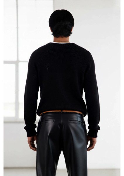 Erkek Mavi Bisiklet Yaka Fitted Seamless Reglan Kol Akrilik Triko Kazak Modern Şıklık Rahatlık modelleri