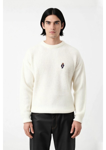 Erkek Oversize Selanik Dokuma Bisiklet Yaka Ayı Nakışlı Kışlık Uzun Kollu Triko Kazak Kaliteli fiyatları